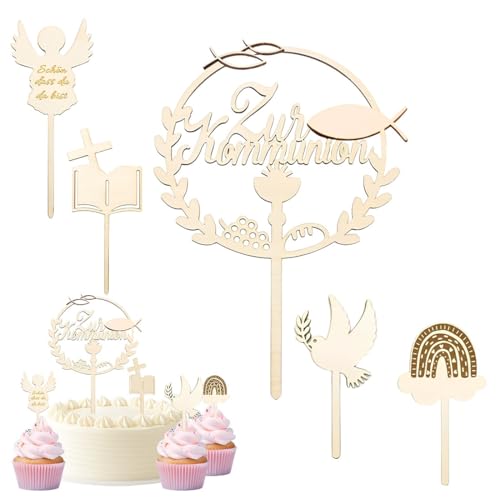 COYUN 5 Stück Taufe Cake Topper Holz Zur Taufe Tortendeo Holz Gold Kuchen Topper Fisch Kommunion Cupcake Topper Mädchen Junge Tortenstecker Babyshower Kuchen Dekoration Cake Topper Taufe von COYUN