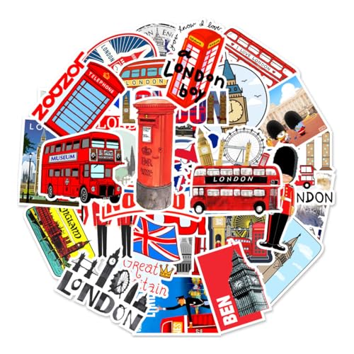 COYUN 50 Stück Londoner Busse Aufkleber,Geschenk für Kinder Teenager Erwachsene Jungen,Wasserdichte Trendy Aufkleber für Skateboard,London Bus Vinyl Stickers für Auto Motorräder Fahrrad Bumper Laptop von COYUN