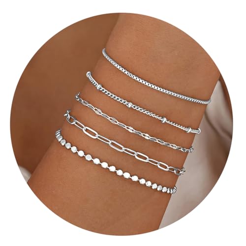 COYUN 5Pcs Armband Ketten Armbänder Set Armbander Twist Schlange Armkette Damen CZ Verstellbar Armband Set Charm Armband Armband für Damen Frauen(Silber) von COYUN