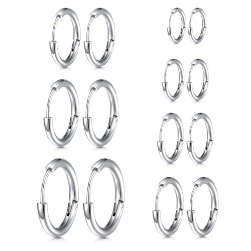 COYUN 7 Paar Kleine Edelstahl Creolen Ohrringe, Hypoallergene Knorpelschläfer Huggie Ohrringe, Piercing Schmuck, Creolen Klein Ohrring Für Damen Herren, Knorpel Hypoallergenes Ohrring-Set (Silber) von COYUN