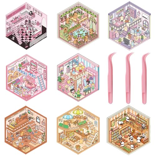 COYUN 8 Sets 3D House Stickers, Miniatur Haus Sticker 3D, 3D Sticker Scene, Haus Aufkleber Machen Sie Ihren Eigenen, Relief Stress für Erwachsene und Kinder-A von COYUN