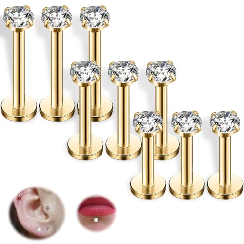 COYUN 9 Pcs Ohrringe Piercing Labret mit Zirkon, Helix Piercings Piercingschmuck Klassisch Ohr Conch Nasenpiercing Tragus Piercing lippenpiercing labret Piercing Studs für Frauen Männer, Gold von COYUN