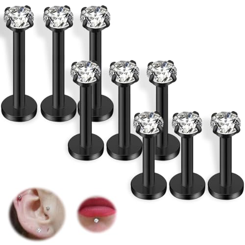 COYUN 9Pcs Ohrringe Piercing Labret mit Zirkon, Helix Piercings Chirurgenstahl Piercing Ohr Conch Piercing Nasenpiercing Tragus Piercing lippenpiercing labret Piercing Studs für Frauen Männer, Schwarz von COYUN