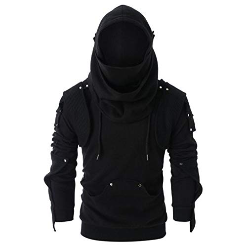 Herren Kordelzug mit Kapuze Herren Gothic Steampunk Frack Sweatshirt Steampunk Gothic Langarm für Ritter Mittelalter Pullover Bandage Leder Schwarz Assassins Creed Jacke Party Cosplay Verkleidung von COZYDAY