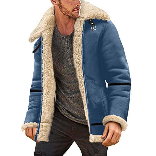 Herren Wintermantel Shearling Schaffell Jacke Wildlederjacke Herren Retro Kunstfell Kragen Teddy Fleece Gefüttert Leder Motorrad Jacke Kaschmir Shearling Mantel Kunst Schaffell Lammfell Leder Mantel von COZYDAY