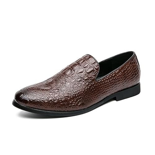 COZYJIA Abendschuhe für Herren, Schlupfschuhe, runde brünierte Zehenpartie, veganes Leder, Krokodilprägung, Blockabsatz, rutschfeste Gummisohle, Low Top, lässig(Color:Braun,Size:44 EU) von COZYJIA