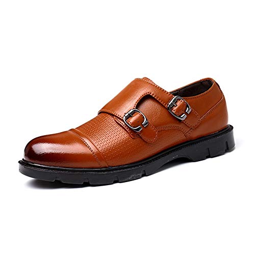 COZYJIA Formelle Oxford-Schuhe für Herren, für Reinschlüpfen, brünierte Zehenpartie, Patchwork-Monkstrap-Derby-Schuhe, rutschfest, niedriger Blockabsatz, Gummisohle(Color:Yellow Brown,Size:40 EU) von COZYJIA