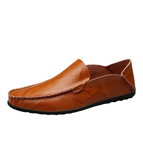 COZYJIA Herren-Slipper aus echtem Leder, runde Zehenpartie, Nahtdetails, klassisch, leicht, flexibel, Flacher Absatz, lässige Slip-Ons (Color : Red Brown, Size : 38 EU) von COZYJIA