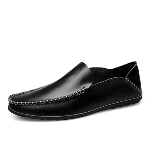 COZYJIA Herren-Slipper aus echtem Leder, runde Zehenpartie, Nahtdetails, klassisch, leicht, flexibel, Flacher Absatz, lässige Slip-Ons (Color : Schwarz, Size : 40 EU) von COZYJIA