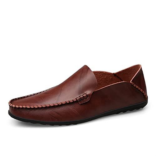 COZYJIA Herren-Slipper aus echtem Leder, runde Zehenpartie, Nahtdetails, klassisch, leicht, flexibel, Flacher Absatz, lässige Slip-Ons (Color : Weinrot, Size : 39 EU) von COZYJIA