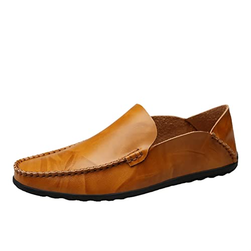 COZYJIA Herren-Slipper aus echtem Leder, runde Zehenpartie, Nahtdetails, klassisch, leicht, flexibel, Flacher Absatz, lässige Slip-Ons (Color : Yellowish Brown, Size : 39 EU) von COZYJIA