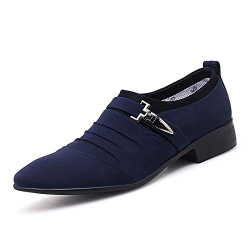 COZYJIA Oxford-Schuhe für Herren, für Reinschlüpfen, Spitze Kappe, Plissiertes Canvas, rutschfest, niedrige Oberseite, Rutschfester Blockabsatz, lässig(Color:Blau,Size:38 EU) von COZYJIA