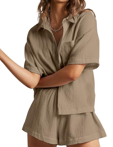 COZYPOIN 2-teiliges Freizeit-Outfit für Damen, Baumwoll-Leinen, Button-Down-Shirt, Oberteil, hohe Taille, Shorts-Set, Trainingsanzug, Khaki, S von COZYPOIN