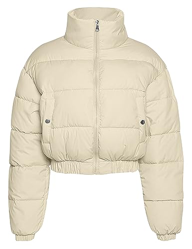 COZYPOIN Damen Kurze Daunenjacke Leichte Langarm Reißverschluss Stehkragen Taschen Gesteppter Puffer Mantel, Beige, M von COZYPOIN