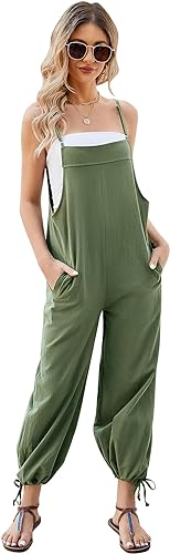 COZYPOIN Damen-Overall, ärmellos, locker, Baumwolle, Leinen, Jumpsuit, Sommer, weites Bein, Hose mit Taschen, Oliv/Blatt für mich (Leaf It to Me), S von COZYPOIN