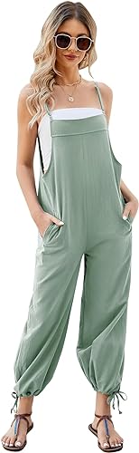 COZYPOIN Damen-Overall, ärmellos, locker, Baumwolle, Leinen, Jumpsuit, Sommer, weites Bein, Hose mit Taschen, cyan, Medium von COZYPOIN