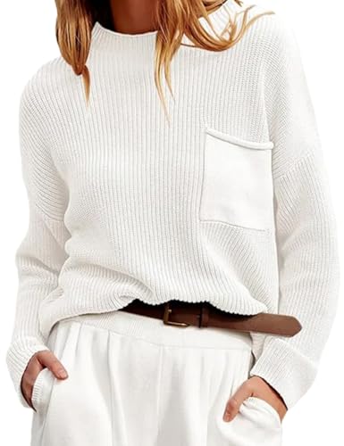 COZYPOIN Damen Strickpullover Rundhalsausschnitt Langarm gerippter Pullover Casual Sweater Top mit Tasche, Weiss/opulenter Garten, Mittel von COZYPOIN