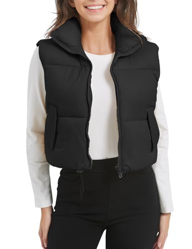 COZYPOIN Frauen Cropped Puffer Weste Ärmellos Stehkragen Reißverschluss Leichte Gesteppte Gepolsterte Weste Oberbekleidung, Schwarz, XL von COZYPOIN