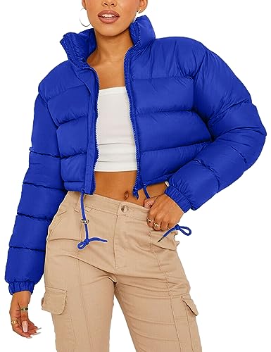 COZYPOIN Frauen Leichte gesteppte Daunenjacke Stehkragen Langarm Reißverschluss Cropped Puffer Jacke Mantel, Königsblau, S von COZYPOIN