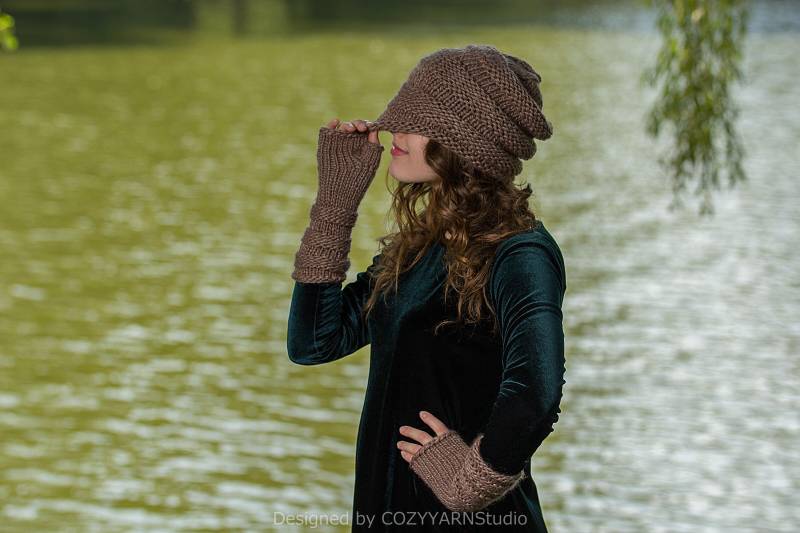 Grobstrick Mütze Set Strickmütze Fäustlinge Handstrickmütze Braun von COZYYARNStudio