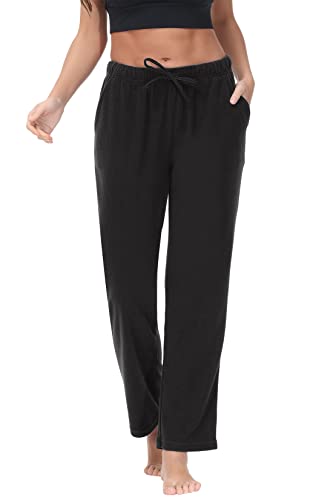 COZZIPLUS Damen-Fleece-Hose, leichte Polar FLeece Lounge-Sweathose für Damen, gerades Bein, Pyjamahose mit Taschen, Schwarz, Groß von COZZIPLUS