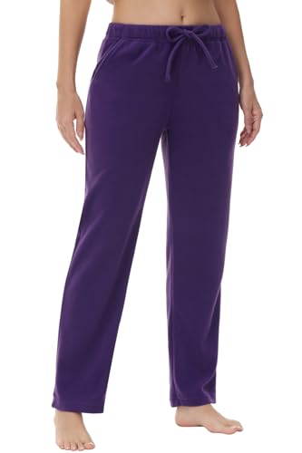 COZZIPLUS Damen-Fleece-Hose, leichte Polar-Fleece-Lounge-Sweathose für Damen, gerades Bein, Pyjamahose mit Taschen, Violett, X-Large von COZZIPLUS