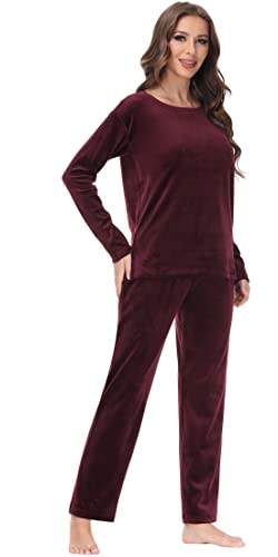 Damen-Sweatanzüge aus Velours, Lounge-Set, 2-teiliges Sweatanzug, Rundhalsausschnitt, Sweatshirt und Sweathose, Samt-Jogginganzug, Burgunderrot, L von COZZIPLUS
