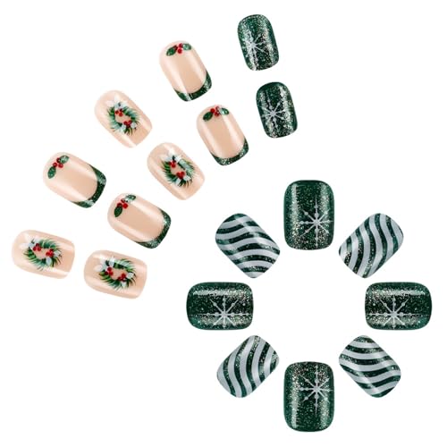 24 Stcs Kranzstift Auf Nägeln Kurzpresse Auf Nägeln Weihnachten Full Covers Falsche Streifen Künstlich Für Frauen von CPAOWEHF