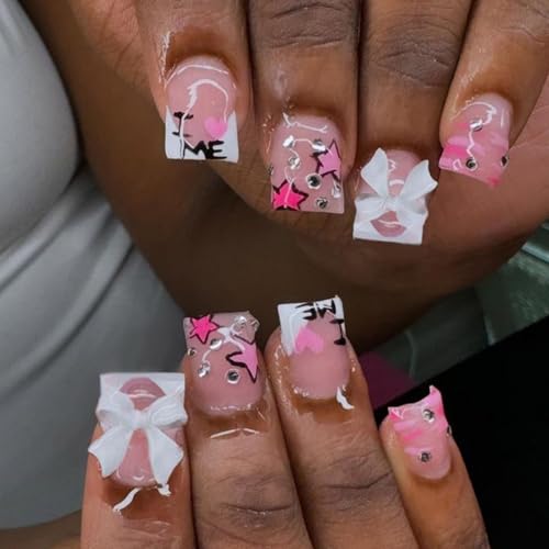24 Stück Kurze Quadratische Künstliche Nägel 3D Schleifen Künstliche Nägel Französische Spitze Zum Aufkleben Sterne Zum Aufdrücken Von Nägeln Für Frauen Und Mädchen von CPAOWEHF