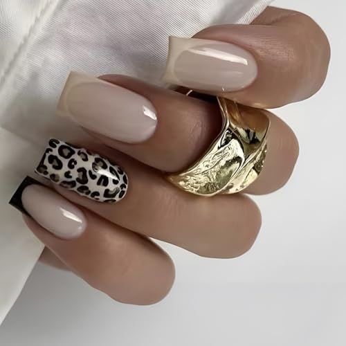 24pcs Französische Leoparden Druck False Nails Square Short Press Auf Nägeln Für Frauen Und Mädchen Kunst Maniküre Dekoration Leopardenmuster Nagel von CPAOWEHF