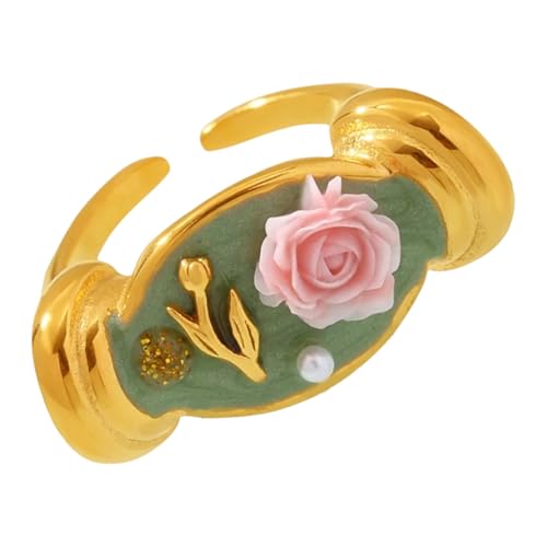 CPAOWEHF Edelstahl Drop Oil Rose Blumenringe Mit Perlen Detail Flexible Öffnung Schmuck Geschenk Open Band Blumenschmuck Leichtes Edelstahl Geschenk von CPAOWEHF