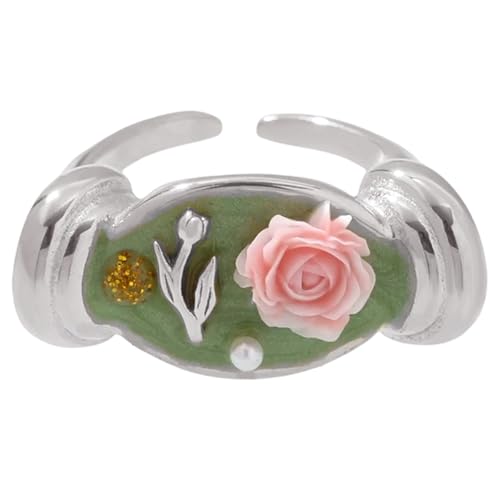 CPAOWEHF Edelstahl Drop Oil Rose Blumenringe Mit Perlen Detail Flexible Öffnung Schmuck Geschenk Open Band Blumenschmuck Leichtes Edelstahl Geschenk von CPAOWEHF