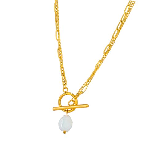 CPAOWEHF Elegante Baroques Süßwasserperlen Anhänger Halskette Doppelkette Design Edelstahl Schmuck Geschenk Für Frauen Unregelmäßige Barockperlen Schmuck Geschenk von CPAOWEHF