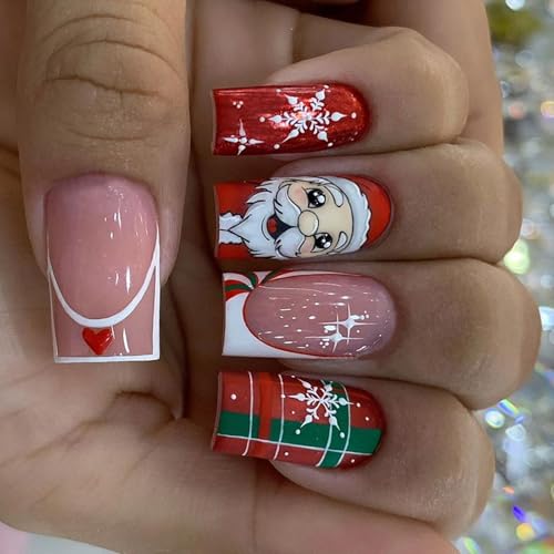 Künstliche Nägel Zum Aufdrücken Mit Weihnachtsmotiv Quadratisch Weihnachtsmann 24 Stück Glänzende Acrylnägel Zum Aufkleben Für Frauen von CPAOWEHF