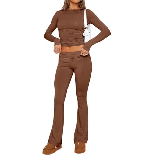 Damen 2 Stück Lounge Sets Fold-Over Flare Hosen Set Langarm Cropped Top Casual Outfits Pyjamas Set (Brown,M) von CPAPS