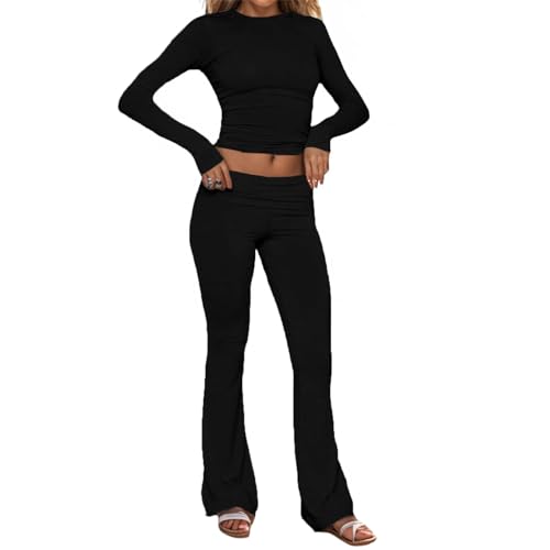 Women's 2 Piece Lounge Sets Fold-over Flare Pants, Cotton Long Sleeve Crop Top and Pants Casual Outfits Yoga Set (Black,L) von CPAPS