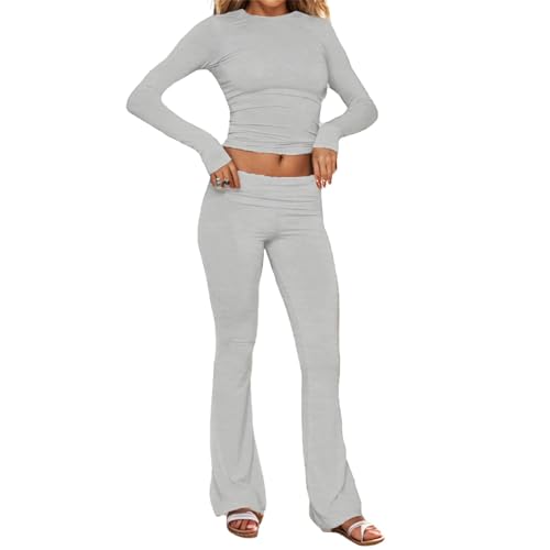 Women's 2 Piece Lounge Sets Fold-over Flare Pants, Cotton Long Sleeve Crop Top and Pants Casual Outfits Yoga Set (Grey,M) von CPAPS