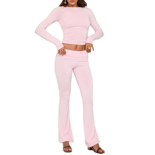 Women's 2 Piece Lounge Sets Fold-over Flare Pants, Cotton Long Sleeve Crop Top and Pants Casual Outfits Yoga Set (Pink,S) von CPAPS