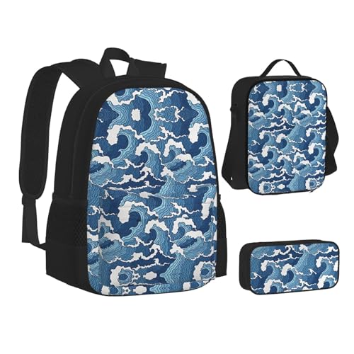 CPEOWZL Schulranzen + Federmäppchen + Lunchtasche mit Stormy Sea Aufdruck Kinder Mädchen Lunchtasche Federmäppchen, Schwarz , Einheitsgröße von CPEOWZL