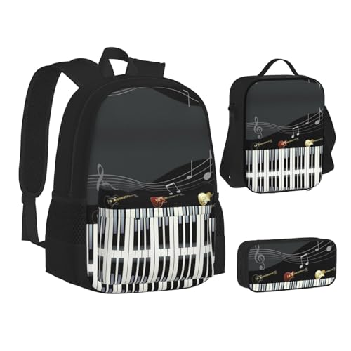 CPEOWZL Schultasche + Federmäppchen + Lunchtasche mit Gitarren-Motiv und Klaviermuster, für Kinder, Mädchen, Lunch-Tasche, Federmäppchen, Schwarz , Einheitsgröße von CPEOWZL