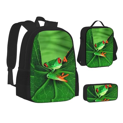 CPEOWZL Schultasche mit niedlichem Frosch-Aufdruck, Federmäppchen und Lunch-Tasche, für Kinder, Mädchen, Lunch-Tasche, Federmäppchen, Schwarz , Einheitsgröße von CPEOWZL