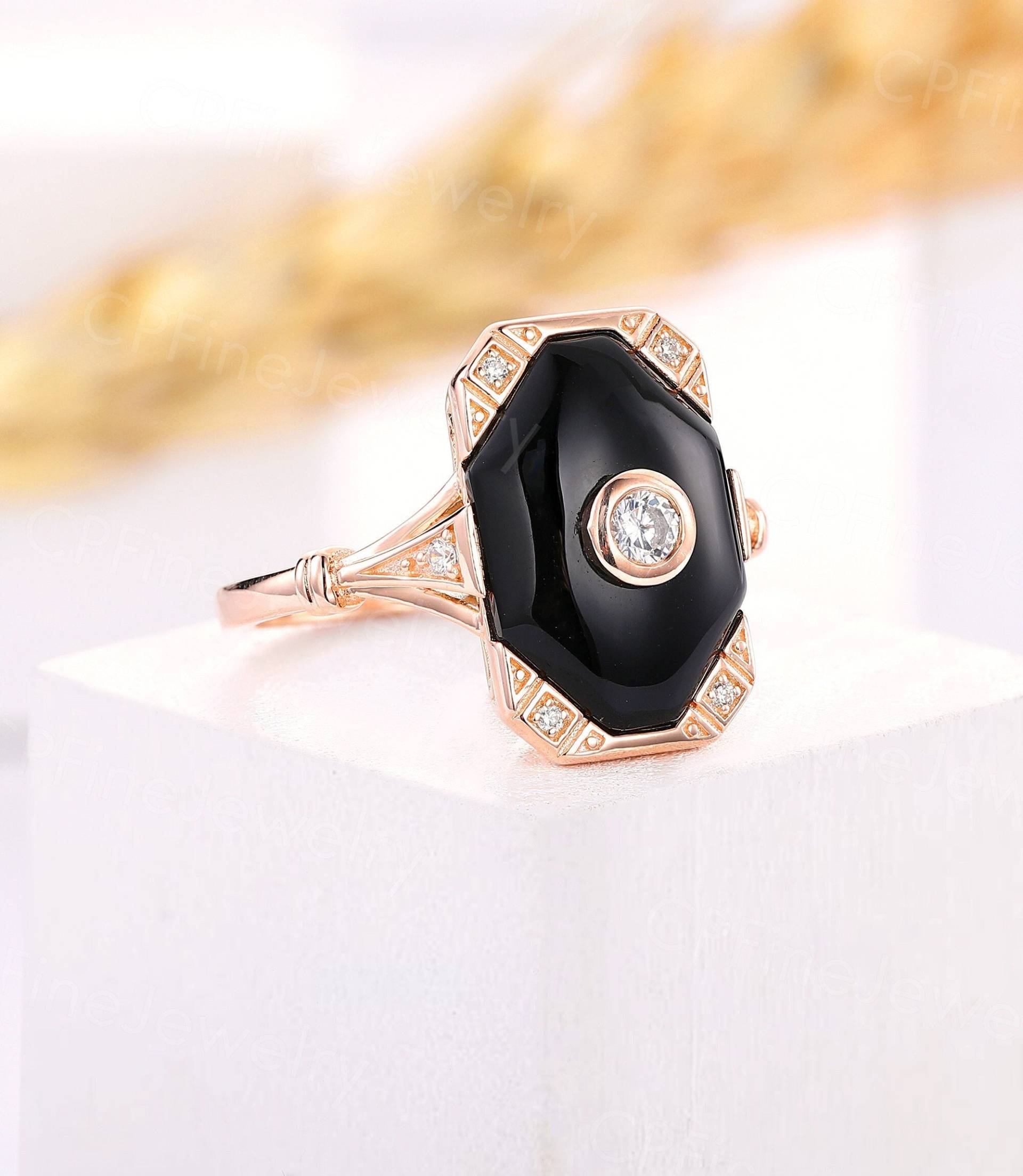 Art Deco Oktagon Schwarzer Onyx Verlobungsring Vintage Rosegold Jadeit Ring Unikat Lünette Gesetzt Moissanite Jubiläumsring von CPFineJewelry