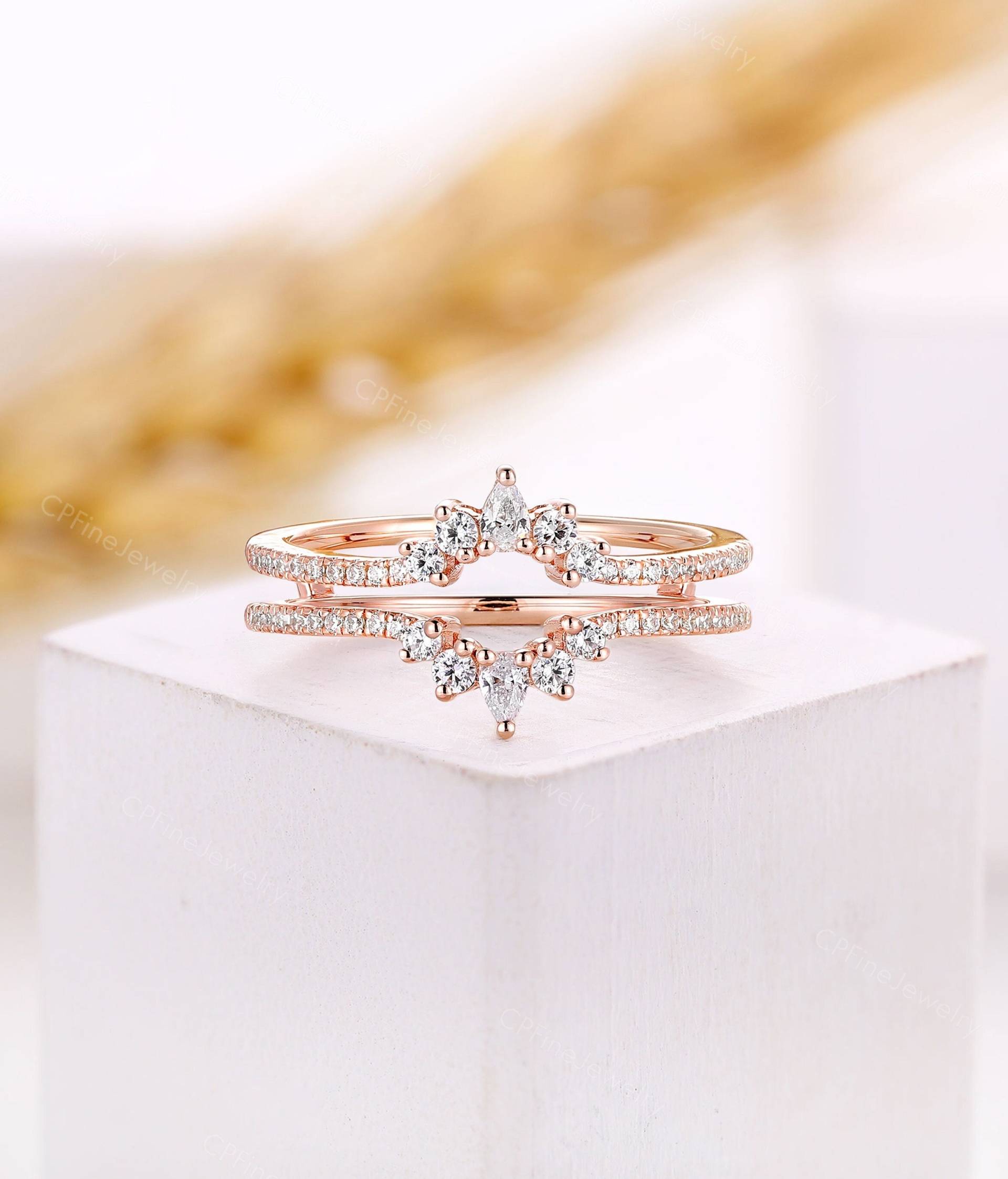 Birne Diamant Verstärker Eheringe Unikat Moissanite Passende Ringjacke Roségold Art-Deco-Hochzeitsringe Jubiläumsversprechensring Stapeln von CPFineJewelry