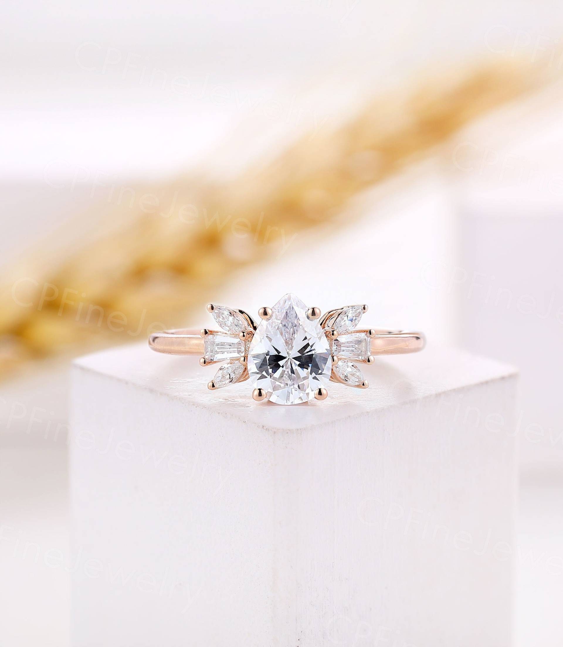 Birnenförmige Moissanite Verlobungsring Einzigartige Baguette Diamant Ring Roségold Art Deco Marquise Ringe Jahrestag Versprechen von CPFineJewelry