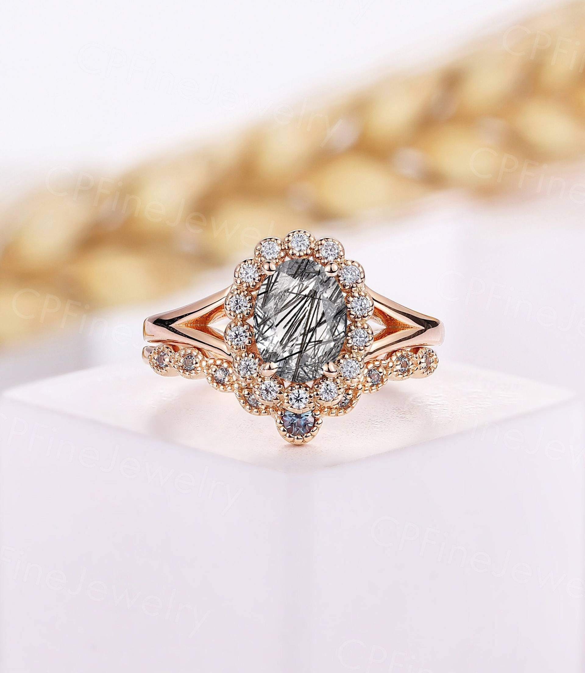 Schwarzer Rutilquarz Verlobungsring Ring Art Deco Moissanit Diamant Ringe Roségold Oval Halo Unikat Hochzeitstag Schmuckset von CPFineJewelry