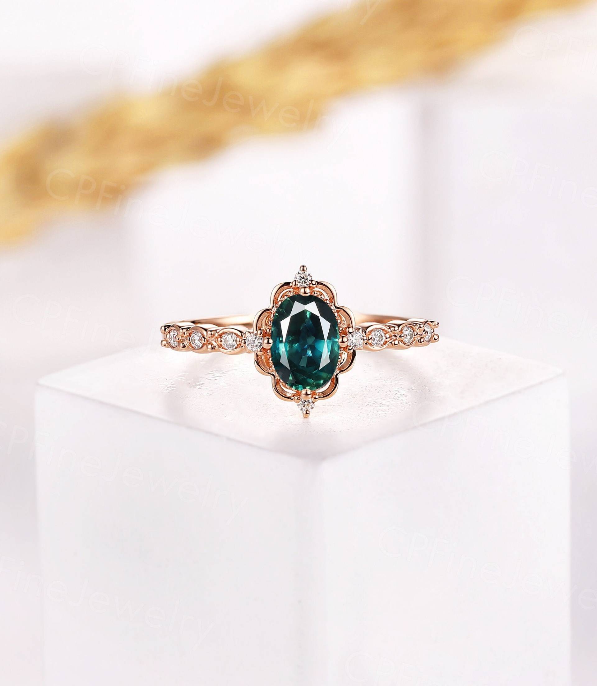 Vintage Teal Saphir Verlobungsring Antike Roségold Rebe Ringe Art-Deco-Halbe Ewigkeit Diamant Versprechen Braut Ring Jahrestag von CPFineJewelry