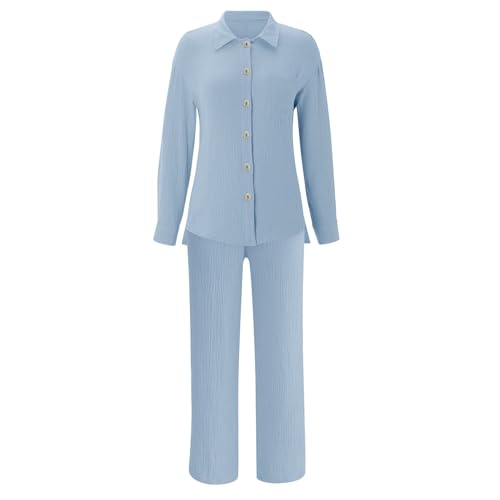 CPIDAH Damen Zweiteiler Musselin Bluse Hemd und Lang Hose Sommer Clothes Aesthetic Lounge Set Strand Outfit Elegant Two Piece Freizeit Women Große Größe von CPIDAH