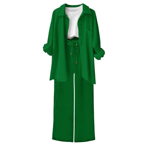 CPIDAH Damen Zweiteiler Sets Musselin Bluse Hemd und Lang Hose Sommer Clothes Aesthetic Zweiteiler Lounge Set Strand Outfit Elegant Set Two Piece Set Freizeit Women Große Größe Grün M von CPIDAH