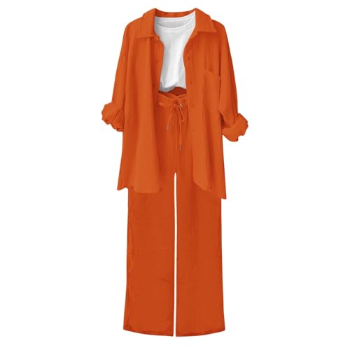 CPIDAH Damen Zweiteiler Sets Musselin Bluse Hemd und Lang Hose Sommer Clothes Aesthetic Zweiteiler Lounge Set Strand Outfit Elegant Set Two Piece Set Freizeit Women Große Größe Orange XXL von CPIDAH