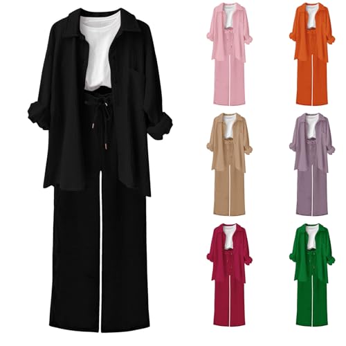 CPIDAH Damen Zweiteiler Sets Musselin Bluse Hemd und Lang Hose Sommer Clothes Aesthetic Zweiteiler Lounge Set Strand Outfit Elegant Set Two Piece Set Freizeit Women Große Größe Schwarz M von CPIDAH